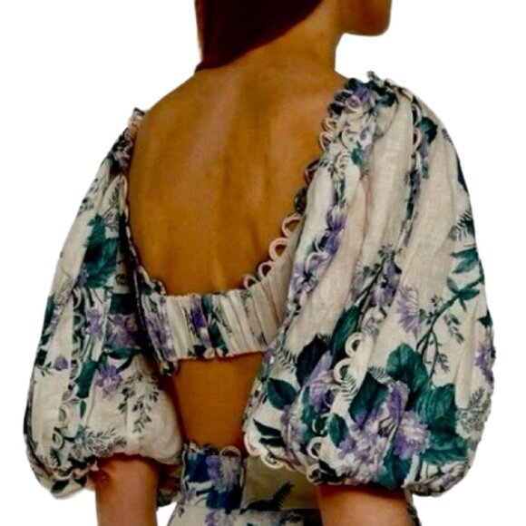 Zimmermann Floral Linen Loop Trim Puff Sleeve Crop Top 0 XS Designer Luxury - Picture 2 of 16